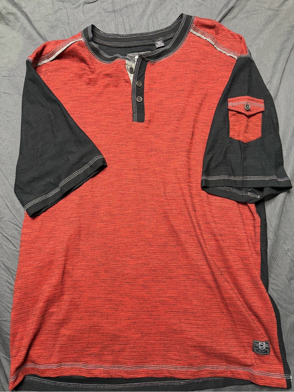 Men's Red Henley Tee with Black Contrast Sleeves